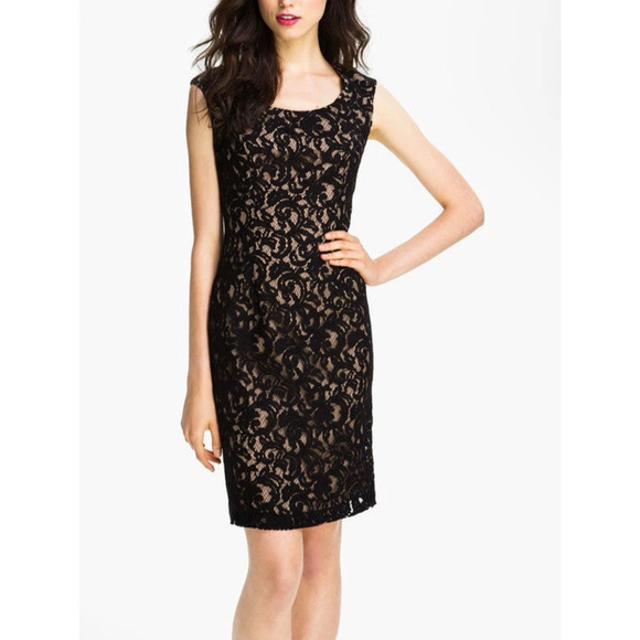 Adrianna Papell Lace Sheath Dress Women's Size 12 Black Nude Sleeveless Short - Picture 1 of 15